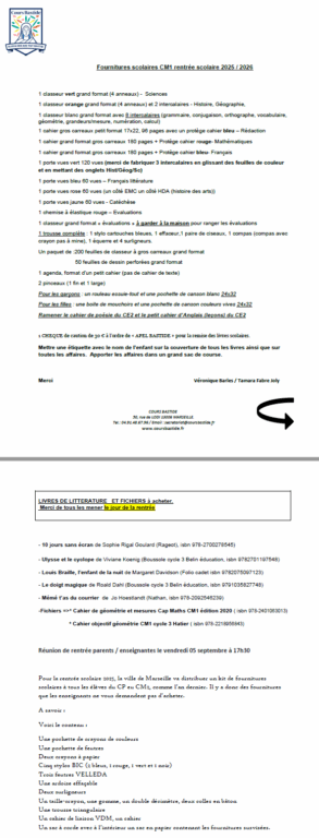 Cours Bastide Établissement scolaire à Marseille - fournitures scolaires Cm1 2025/2026 1