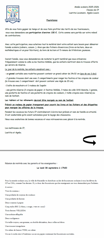 Cours Bastide Établissement scolaire à Marseille - fournitures scolaires CP 2025/2026 1