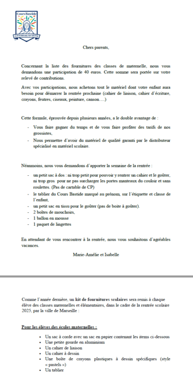 Cours Bastide Établissement scolaire à Marseille - fournitures scolaires grandes sections Gs 2025/2026 1