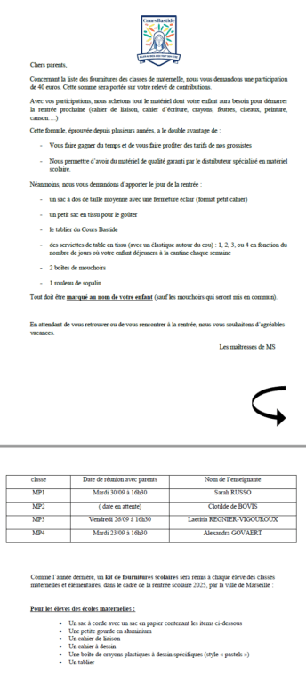 Cours Bastide Établissement scolaire à Marseille - fournitures scolaires moyennes sections Ms 2025/2026 1