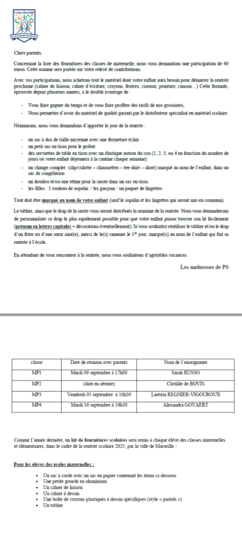 Cours Bastide Établissement scolaire à Marseille - fournitures scolaires petites sections PS 2025/2026 1